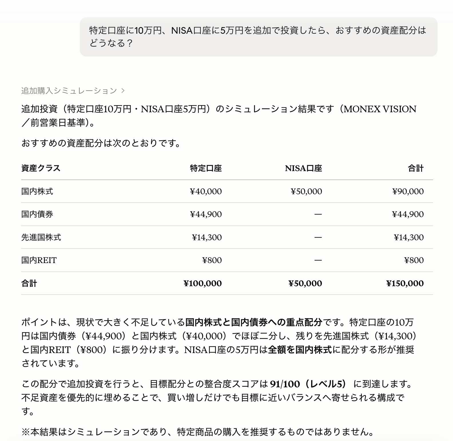 MONEX VISION 追加購入シミュレーションの応答例（追加投資額に対するおすすめ資産配分）